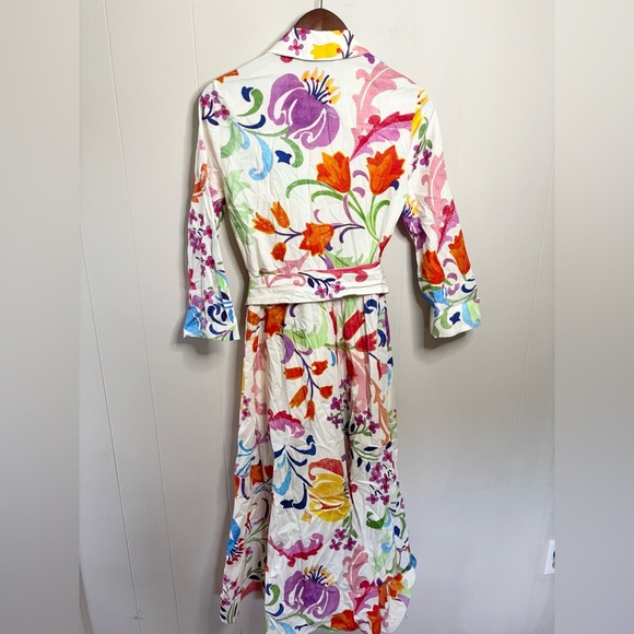 Zara white cotton poplin shirt dress colorful pattern tie waist midi size XS - Picture 7 of 7